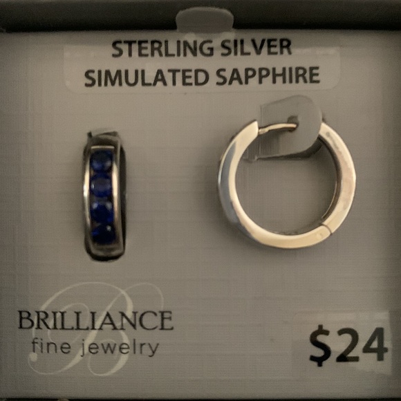 Sterling Silver Simulated Dark Blue Sapphire Earring - Picture 2 of 4